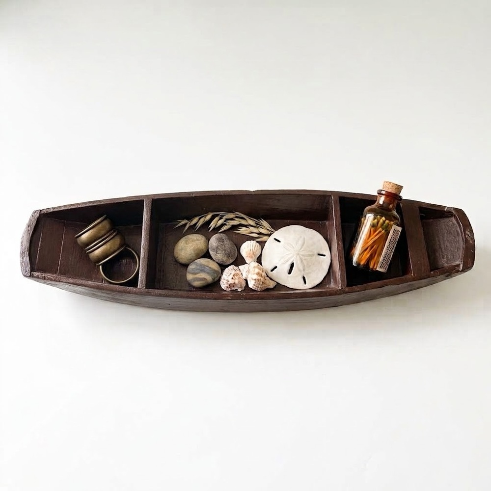 VINTAGE Nautical Rustic Farmhouse Wood Rowboat Centerpiece Tray Bowl Catchall